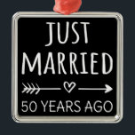 Just Married 50 Years Ago I Metal Ornament<br><div class="desc">Cute design, perfect for anyone who's been married for 50 years and to a wedding vow renewal ceremony. It makes a great matching outfit for couples! 'Just Married 50 Years Ago' quote for a couple who got married 50 years ago or a couple renewing wedding vows on their golden anniversary....</div>