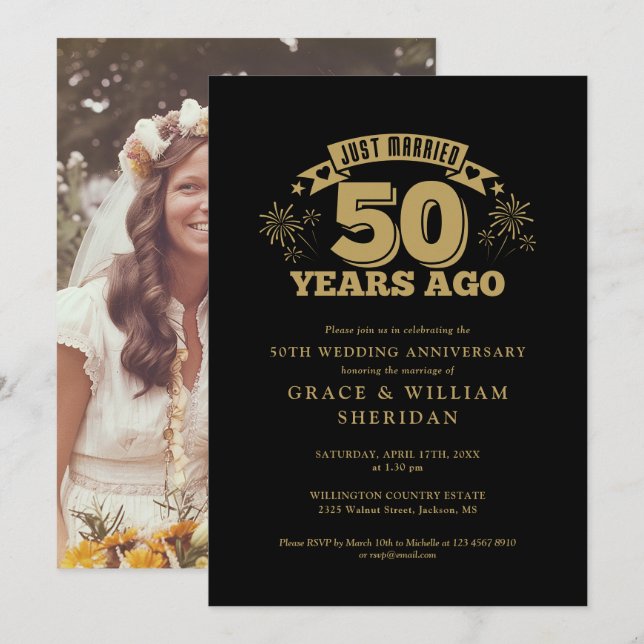 Just Married 50th Anniversary Photo Black And Gold Invitation (Front/Back)