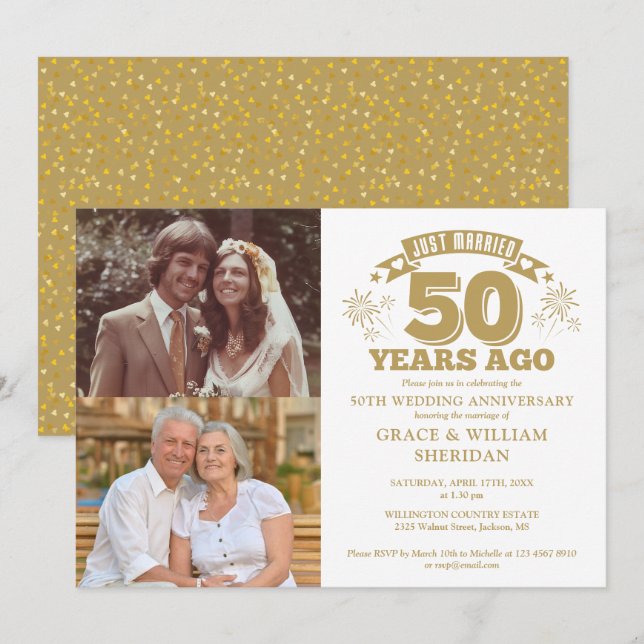 Just Married 50th Wedding Anniversary 2 Photo Invitation (Front/Back)