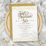 Just Married 50th Wedding Anniversary Invitation<br><div class="desc">Featuring delicate golden love hearts confetti. Personalize with your special fiftieth golden anniversary information in chic gold lettering. Designed by Thisisnotme©</div>