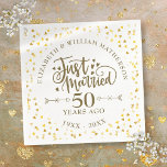 Just Married 50th Wedding Anniversary Napkin<br><div class="desc">Featuring delicate golden love hearts confetti. Personalize with your special fiftieth golden anniversary information in chic gold lettering. Designed by Thisisnotme©</div>