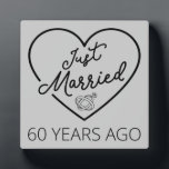 Just Married 60 Years Ago III Plaque<br><div class="desc">Cute design, perfect for anyone who's been married for 60 years and to a wedding vow renewal ceremony. It makes a great matching outfit for couples! 'Just Married 60 Years Ago' quote for a couple who got married 60 years ago or a couple renewing wedding vows on their wedding anniversary....</div>