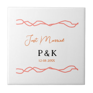 Just married add couple name date red vintagborder tile