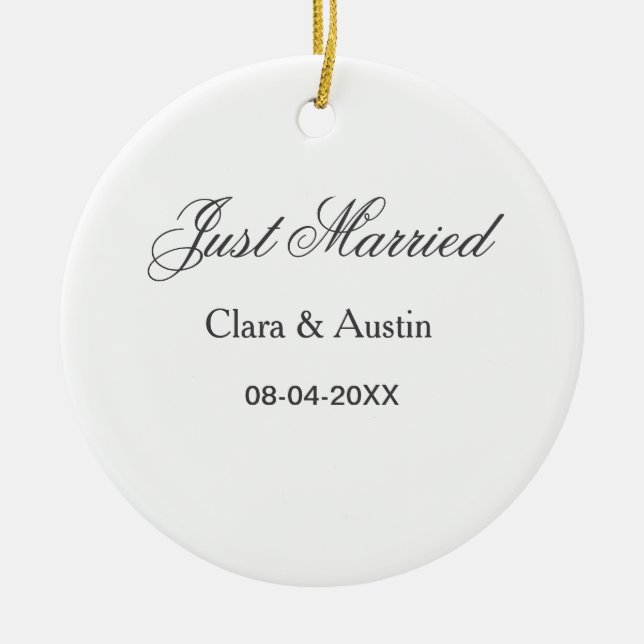 Just Married add couple name date year wedding sim Ceramic Ornament (Front)
