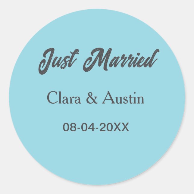 Just Married add couple name date year wedding sim Classic Round Sticker (Front)