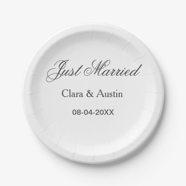 Just Married add couple name date year wedding sim Paper Plate (Front)