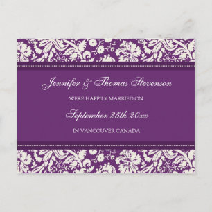 Just Married Announcement Postcards Plum Damask