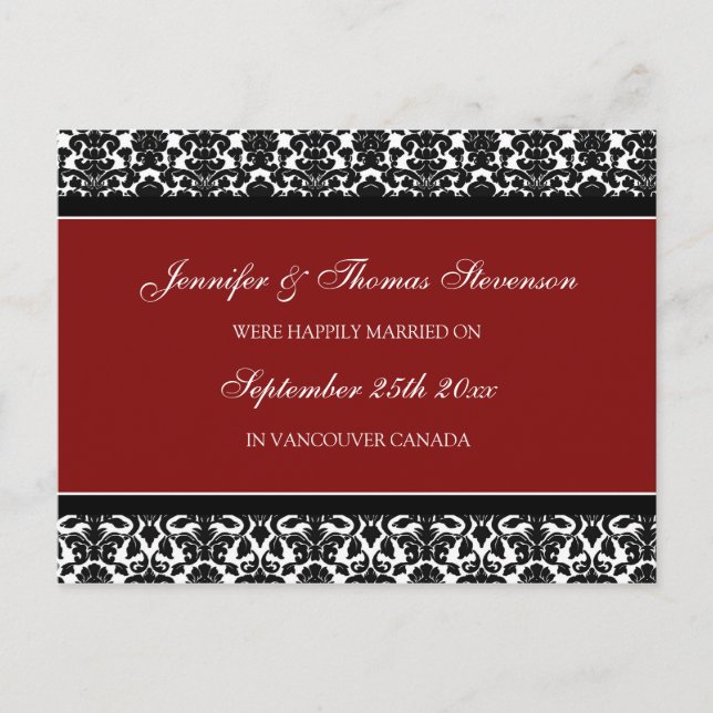 Just Married Announcement Postcards Red Damask (Front)