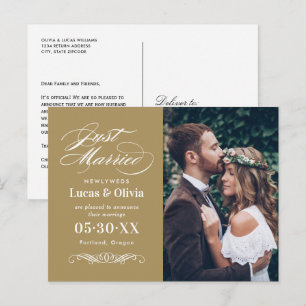 Just Married Antique Gold Wedding Photo Announcement Postcard