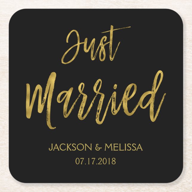 Just Married Black and Gold Foil Coasters (Front)