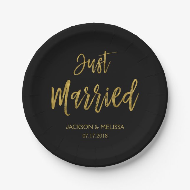 Just Married Black and Gold Foil Paper Plates (Front)