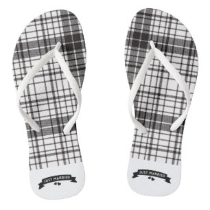 Just Married Black and White Plaid Flip Flops