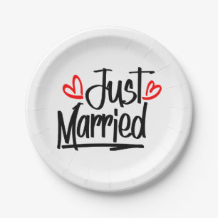 Just Married Black And White Wedding Announcement Paper Plate