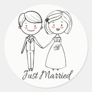 Just Married Black And White Wedding Bride  Groom Classic Round Sticker