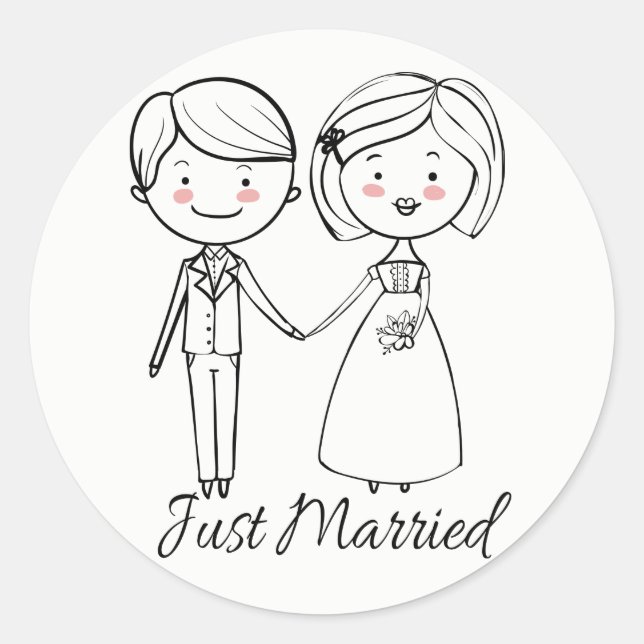 Just Married Black And White Wedding Bride  Groom Classic Round Sticker (Front)