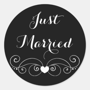 Just Married Black & White Heart Wedding Classic Round Sticker