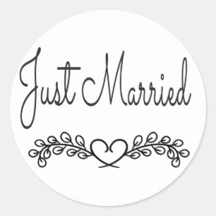 Just Married Black & White Laurel  Heart Wedding Classic Round Sticker