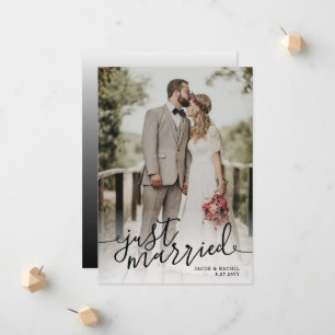 Just Married Black & White Script Photo Wedding Announcement