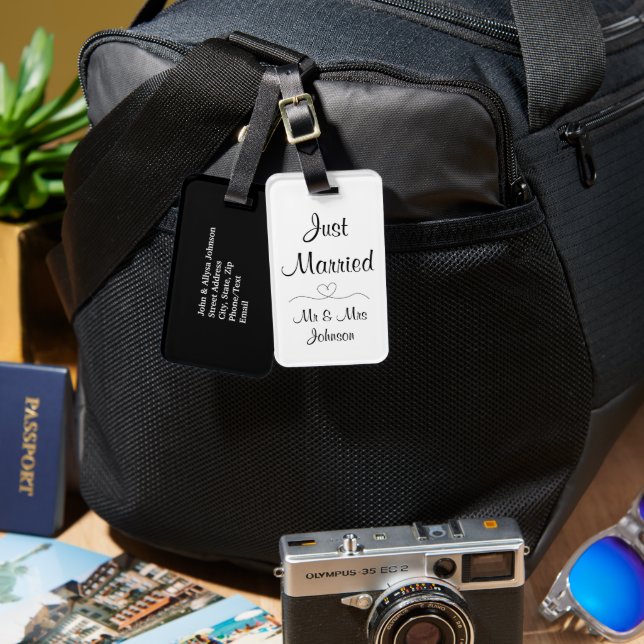 Just Married Black & White Wedding Luggage Tag (Front & Back)