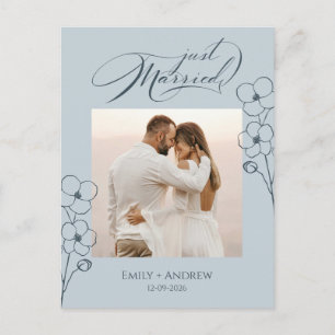 Just Married Blue Calligraphy Photo Announcement Postcard