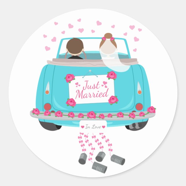 Just Married Blue Pink Bride Groom Wedding Classic Round Sticker (Front)