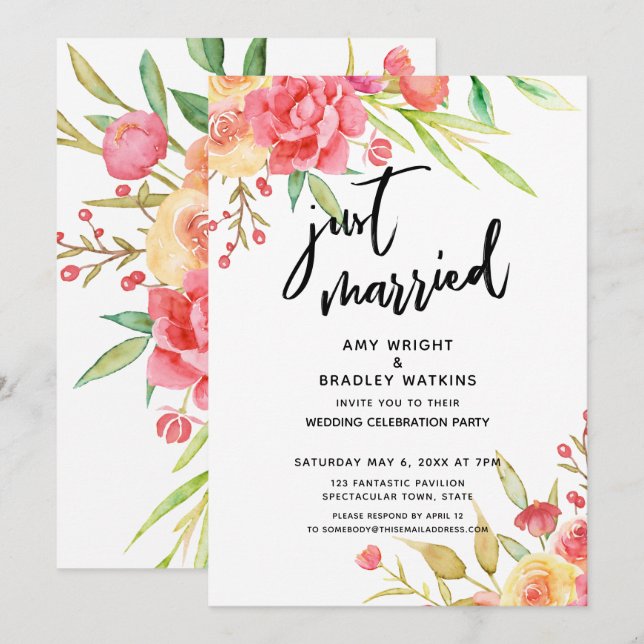 Just Married Boho Flowers Wedding Reception Invitation (Front/Back)