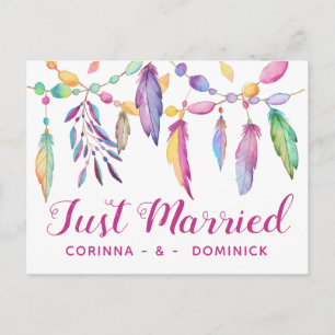 Just Married Boho Wedding Feathers Native American Announcement Postcard