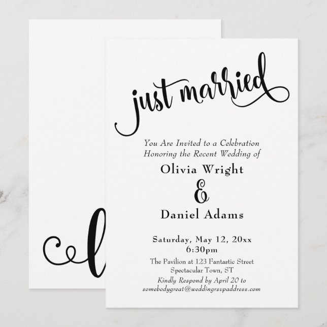 Just Married Bold Black & White Reception Only Invitation (Front/Back)