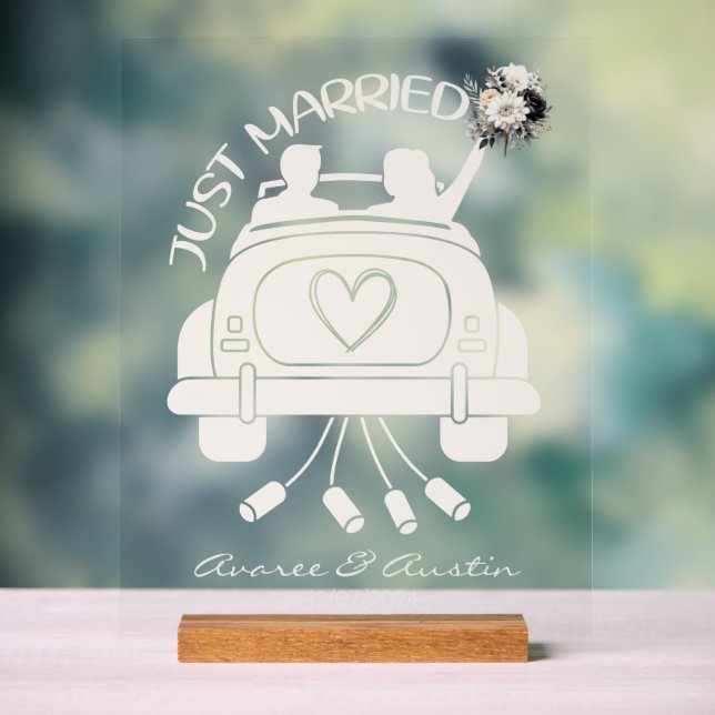 Just Married Bridal Bouquet Vintage Car Acrylic Sign (Neutral)