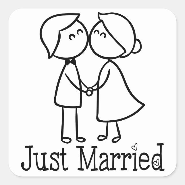 Just Married Bride And Groom Cartoon Wedding Square Sticker (Front)