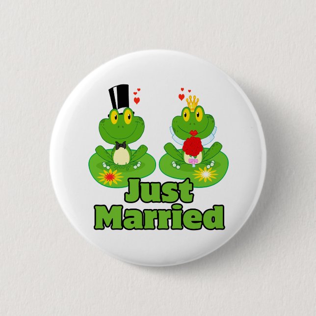 just married bride and groom froggy frogs 2 inch round button (Front)