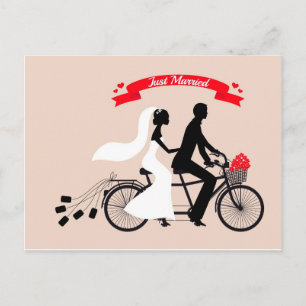 Just married, bride and groom on wedding bicycle announcement postcard