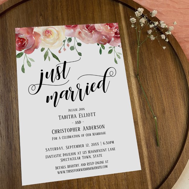 Just Married Calligraphy, Burgundy, Blush Roses Invitation (Creator Uploaded)