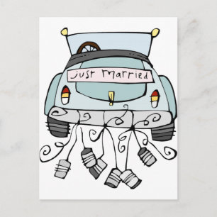Just married car dragging cans announcement postcard