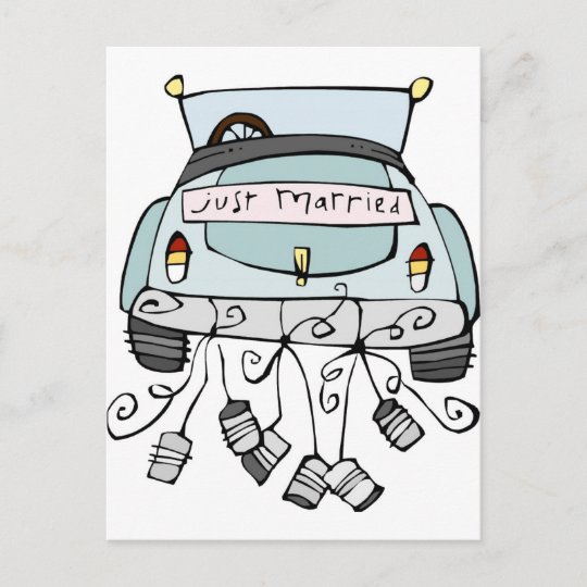 Just married car dragging cans announcement postcard ...