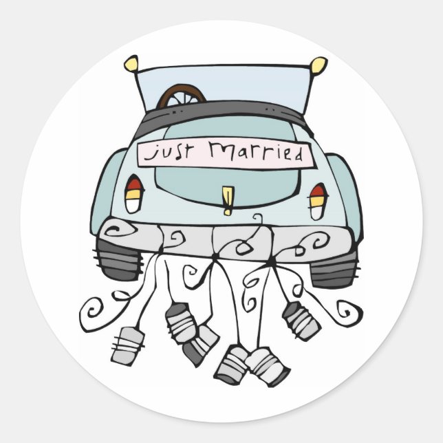 Just married car dragging cans classic round sticker (Front)