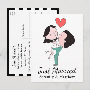 Just Married Cartoon Bride Groom Red Heart Wedding Announcement Postcard