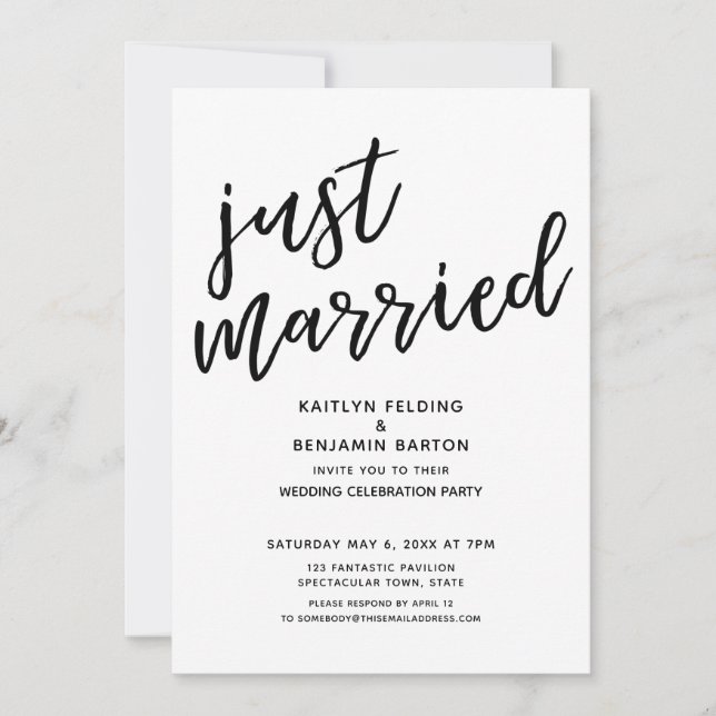 "Just Married" Casual, Modern Wedding Reception Invitation (Front)