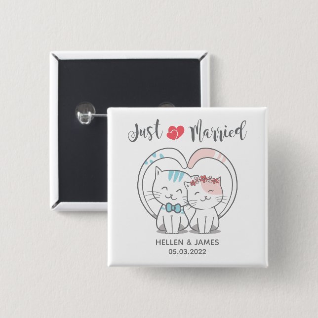 Just Married Cat Wedding 2 Inch Square Button (Front & Back)