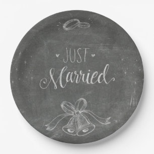 Just Married Chalkboard Wedding Rings and Bells Paper Plate