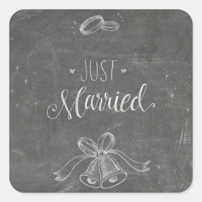 Just Married Chalkboard Weddings Rings and Bells  Square Sticker (Front)