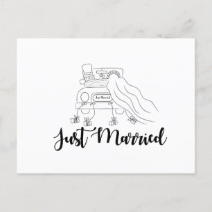 Just married couple in car outline hand drawn announcement postcard
