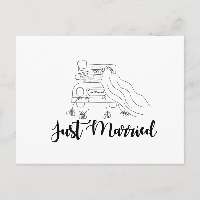 Just married couple in car outline hand drawn announcement postcard (Front)
