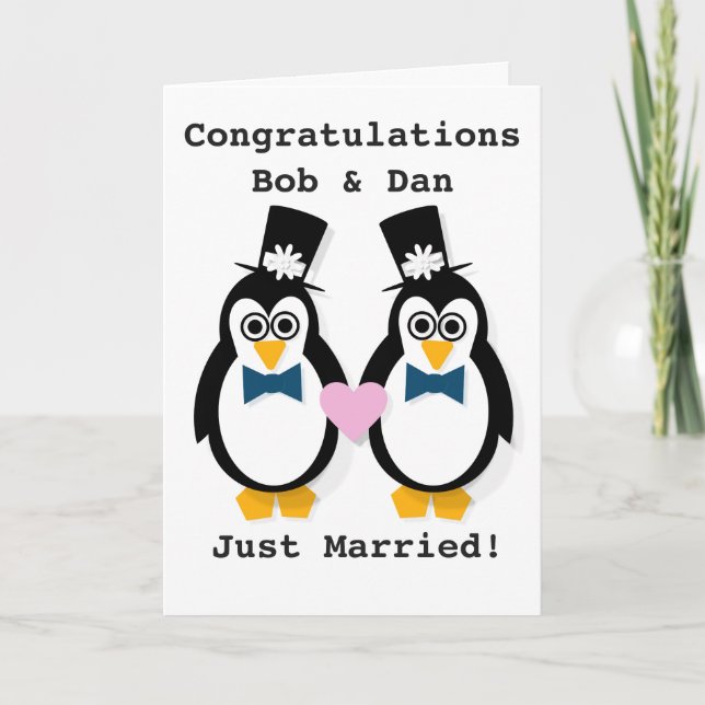 "Just Married!"  Customizable Mr & Mr Penguin Card (Front)