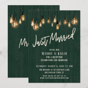 Just Married Dark Green Wood Edison Lights Invitation