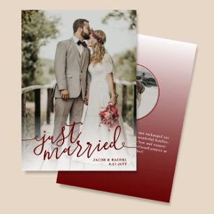 Just Married Dark Red Script Overlay Photo Wedding Announcement