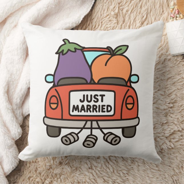 Just Married Eggplant and Peach Throw Pillow (Blanket)