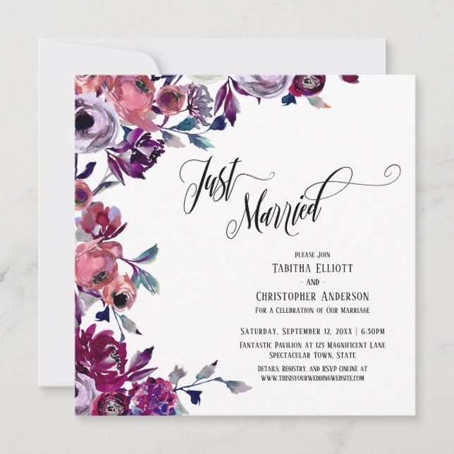 Just Married Elaborate Script Bold Flowers Invitation (Front)
