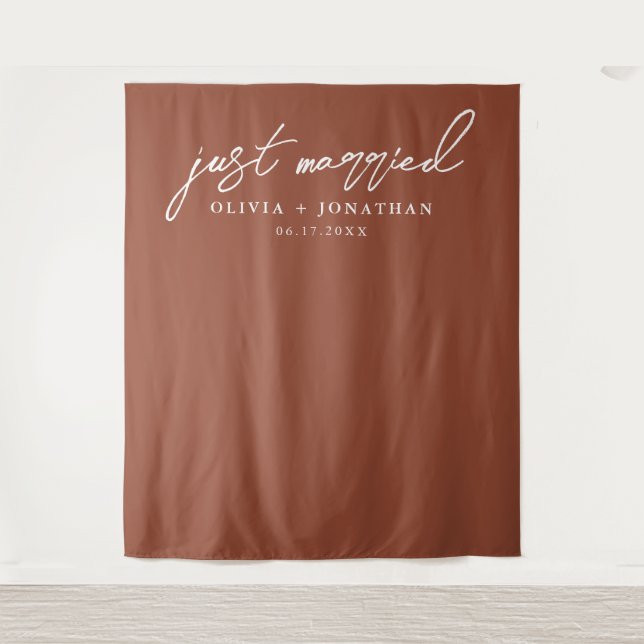 Just Married Elegant Calligraphy Wedding Backdrop Tapestry (Front)