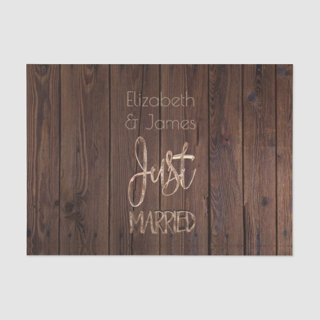 Just Married Elegant Gold Typography Rustic Brown Tissue Paper (Front)